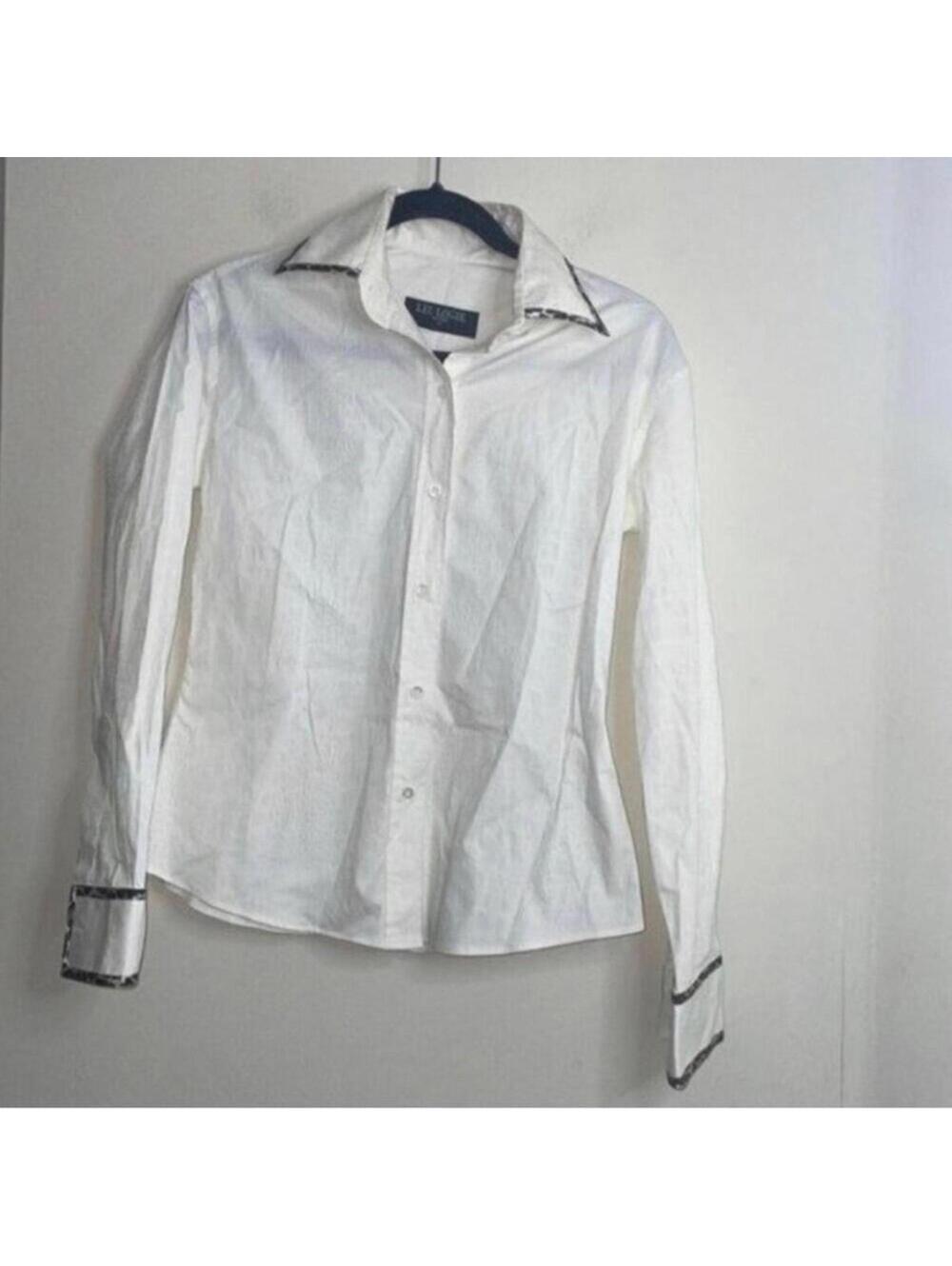 Vintage Liz Logie White Animal Printed Button Down Contrast Trim Blouse  Top